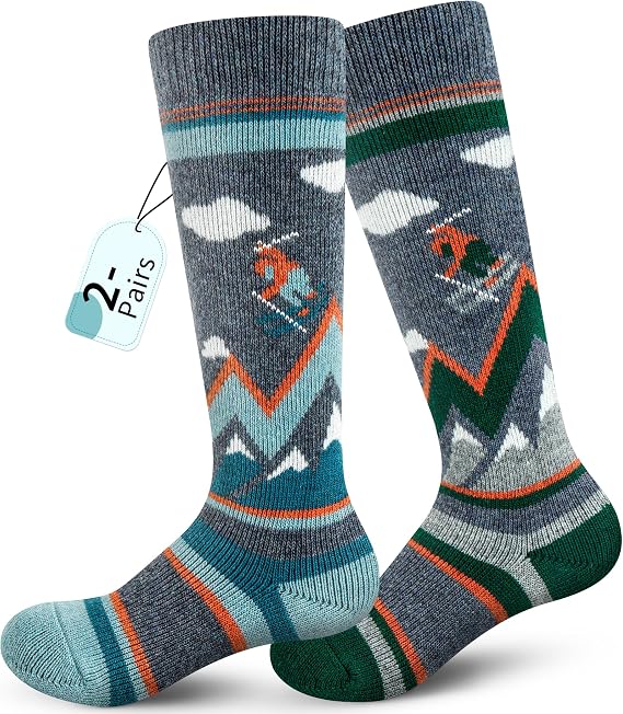 unenow Kids Knee-high Merino Wool Ski Socks 2 Pairs for Snowboarding Winter