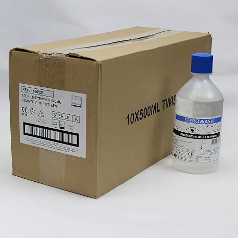 Sterowash 500ml Eyewash Sterile Saline Solution 10 x 500ml Eye Wash Bottles