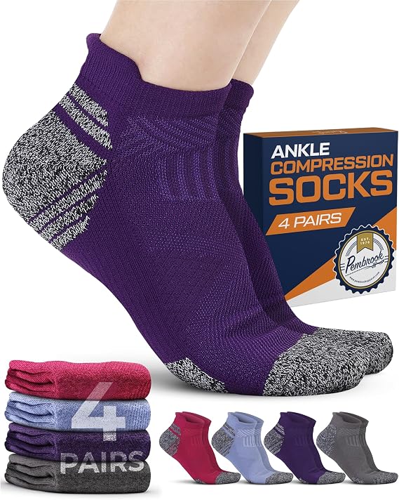 Pembrook Ankle Compression Socks for Women & Men - 4 Pairs | Sports Running Compression Socks | Athletic Ankle Support Socks