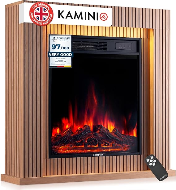 KAMINIO® Matti MODERN 32 Panel Electric fire and surround with heater | Free standing electric fireplace with mantel, 3D flame effect, LED ambient light, timer, thermostat & remote control