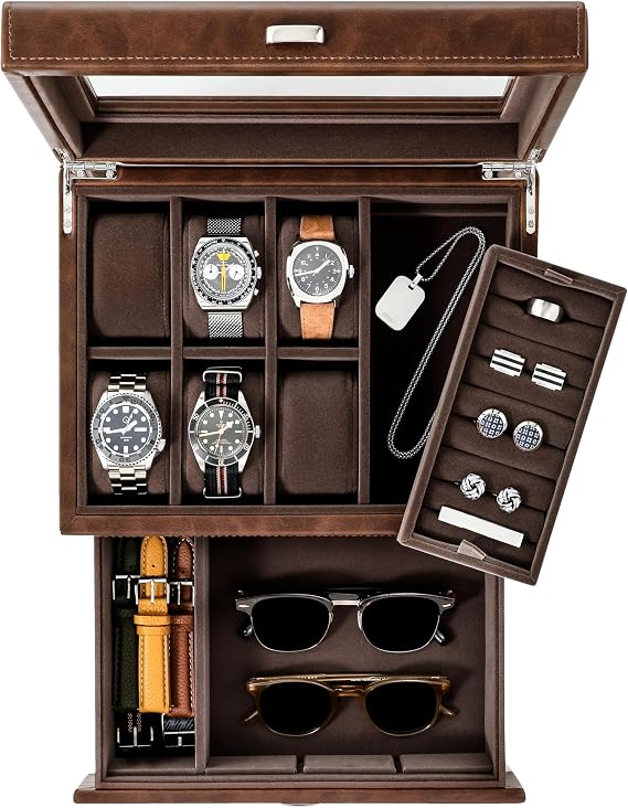 TAWBURY Watch Box 6 Watches – Jewellery Box for Men Watch Box Men Glasses and Watch Box Multifunctional Jewellery Storage Men Watch Storage Watch Box