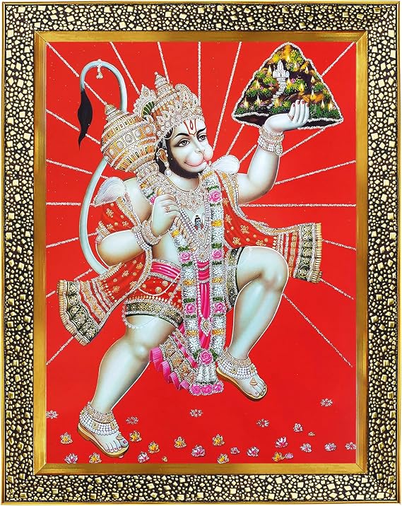 Hanuman / bajrangbali ji with with Dronagiri Mountain & shri ram on Chest photo frame with Unbreakable Glass for wall hanging / gift / temple / puja room / home decor and Worship