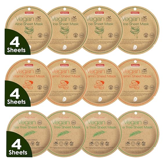 Purederm Vegan Facial Sheet Masks Trio (12 Packs) Face Masks Skincare for Dry, Dehydrated and Dull Skin