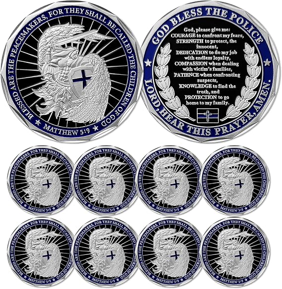 10 PCS St. Michael Police Prayer Challenge Coin, Matthew 5:9 Faith Token | Thin Blue Line Law Enforcement Gift for Graduation Retirement Promotion Recognition Police Week and Memorials