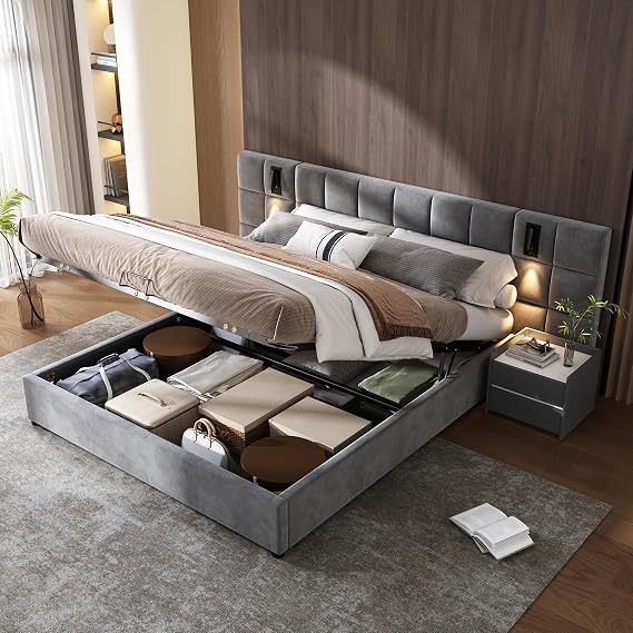 Miyemo Super King Size Bed Frame with Storage, 6ft Ottoman Upholstered Bed Frame with Reading-Light & Charging-Station, Velvet Bed with Headboard & Hydraulic, 180x200cm, Grey, (No Mattress)
