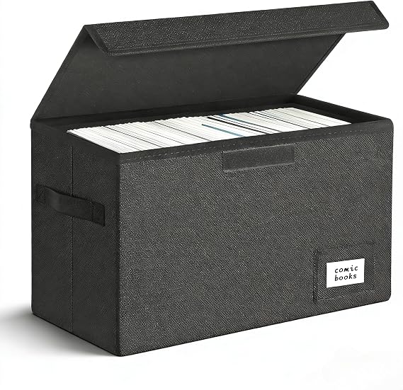 Leffis Comic Book Storage Box Comic Bin 15.5" X 7.5" X 11.3" | Collapsible Comic Short Box with Lids Holds 150 Comics Heavy Duty Comic Book Bin Container (1 pack, black)