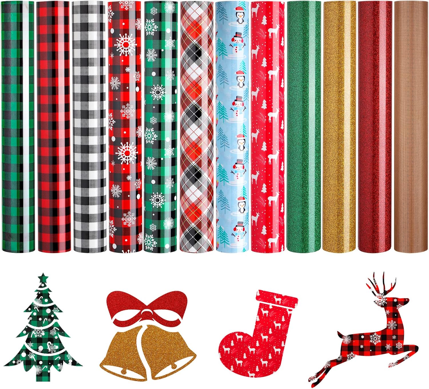 Christmas Heat Transfer Vinyl Sheets, HTV Iron On Vinyl for Cricut or Silhouette Cameo 12x10 inch, Glitter Buffalo Plaid Heat Vinyl Bundle for DIY Fabric T-Shirts Crafts Xmas Decoration 11 Sheets