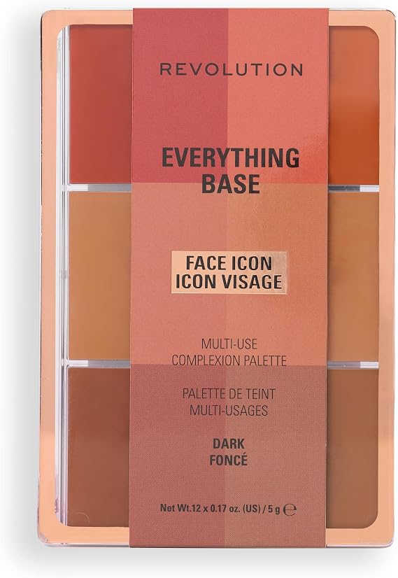 Revolution Everything Base Face Icon Complexion Palette, All-In-One Makeup for Eyes, Face, and Lips, Use as Foundation or as a Base, Dark, 5g