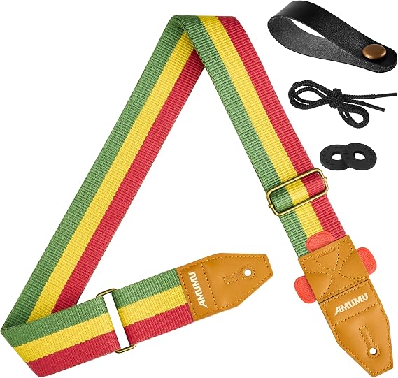 Amumu 2" Reggae Guitar Strap Rasta Stripes Woven, Top-Grain Leather Ends with Quick-Fetch Pick Holder, for Acoustic, Electric, Bass Guitars Adjustable 36"-59"