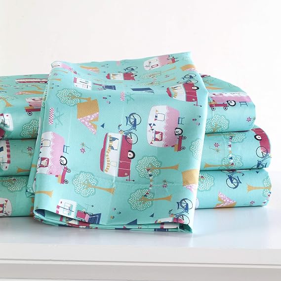 The Lakeside Collection Twin Sheet Set, Blue, Retro Happy Glamping