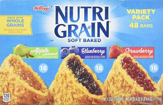 Kellogg's Nutri-Grain Cereal Bars, Vegetarian, (Variety Pack of Apple Cinnamon, Blueberry, Strawberry, 48-Count Box)