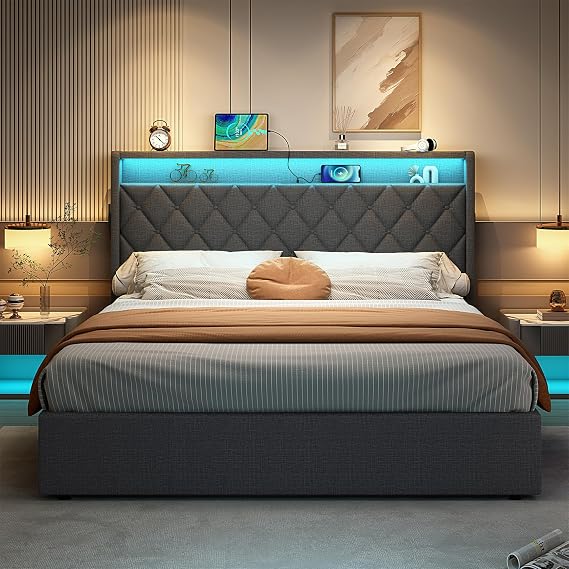 MYBOO Upholstered Ottoman Storage Bed, 4ft6 Double Bed Frame with Storage&LED&USB, Gas Lift Up Upholstered Double Bed Frame with Button Tufted Storage Headboard&Slats, Linen, No Mattress, Grey