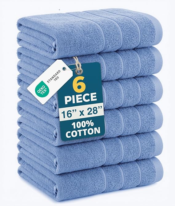 Casa Platino Face & Hand Towels 100% Cotton 6 Pack 16x26 - Cerulean Blue | Soft & Highly Absorbent Weave - Soft Cotton 16x26 Hand Towels for Bathroom, Face & Gym
