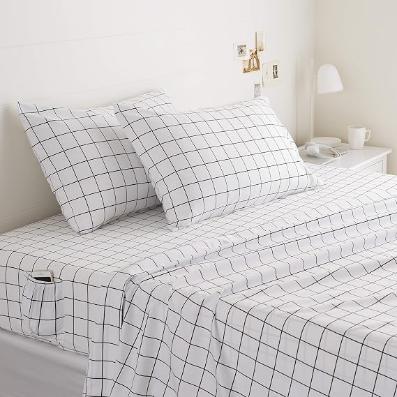 Amazon Basics Soft Microfiber 4-Piece Bed Sheet Set with Elastic Side Pockets for Storage, Full, Black Grid, Geometric