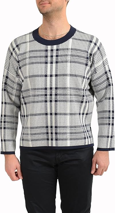 Hugo Boss Men's Schecky Plaid Crewneck Pullover Sweater US S IT 48 Blue/White