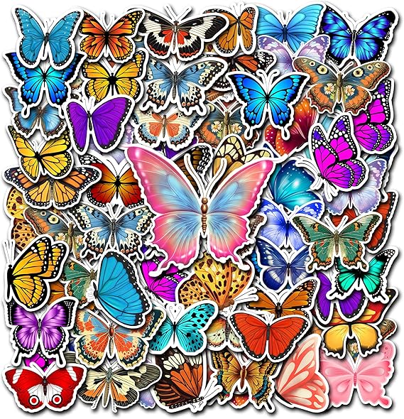 50 PCS Butterfly Stickers Pack Butterflies Vinyl Decals Colorful Lovely Waterproof Patches Laptop Notebook Scrapbook Car Water Bottle Envelope Gift for Adults Teens