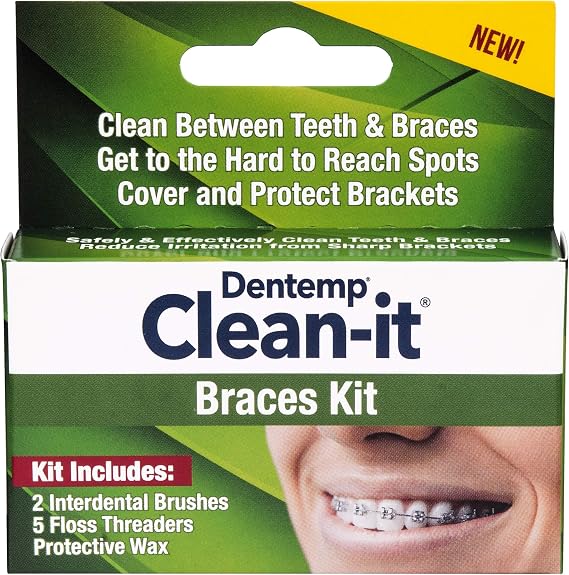 Dentemp Clean-It Braces Kit - Braces Cleaning Kit with Interdental Brushes, Floss Threaders and Protective Wax (1 Count) - Orthodontic Care Kit - Relieves Pain from Wires & Brackets