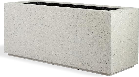 PolyStone Milan Modern Outdoor/Indoor Rectangular Trough Planter - 46" x 17" x 19" H - Lightweight Weather Resistant Stone-Look Resin Planter - Commercial & Residential - White Granite