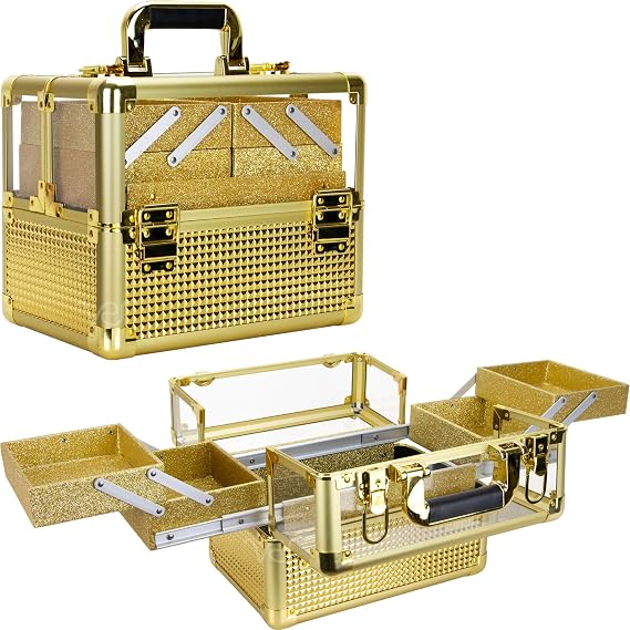 Makeup Train Case with Ice Cube Aluminum Panels, Clear Acrylic Top, 4 Extendable Trays, Large Storage Compartment, 1289.75 in Gold