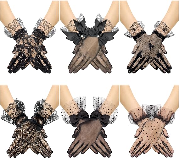 6 Pairs Lace Gloves for Women, Elegant Floral Design | Comfortable fit, suitable for tea parties and weddings.