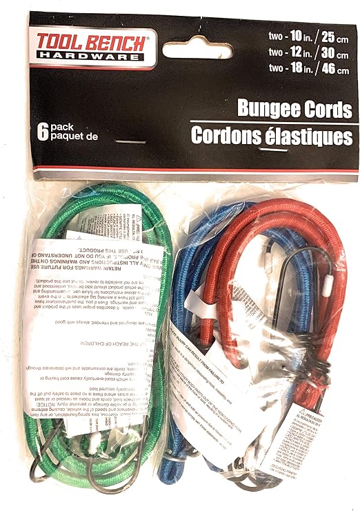 Tool Bench Bungee Cords (6 Pack, 3 Sizes, Multi-Color)