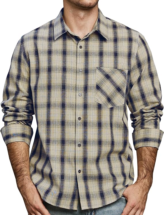 JOGAL Mens Cotton Plaid Shirts Long Sleeve Casual Button Down Shirt