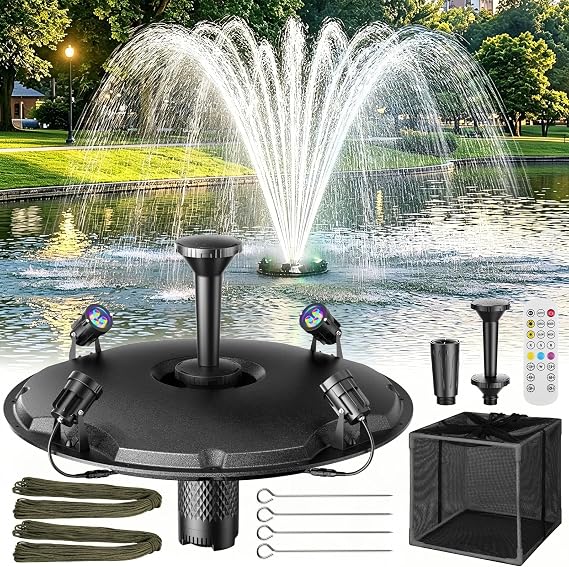 Antfraer Floating Pond Fountain with RGB LED Lights, 1600GPH Pond Fountain for Large Ponds, Remote Control Pond Aerator with 3 Spray Patterns for Water Gardens, Fish Pool & Lakes, 21.65 Inch Float