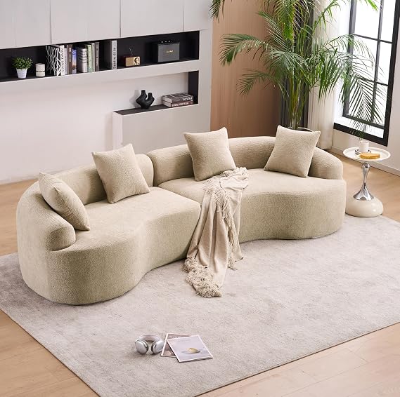 Yoglad 110 Boneless Curved Sofa, Modern Cloud 4-Seater Floor Couch, Minimalist Compression Sofa for Living Room Apartment Studio Office, No Assembly Needed(Chenille, Beige Pink)