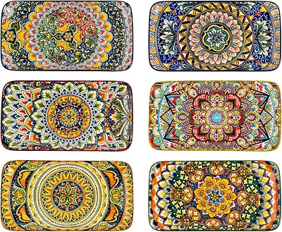 Henten Home Ceramic 10 Inch Salad Plates, Porcelain Rectangular Dessert Plate Set of 6, Bohemian Serving Dishes for Sushi, Pasta, Appetizer, Microwave & Dishwasher Safe