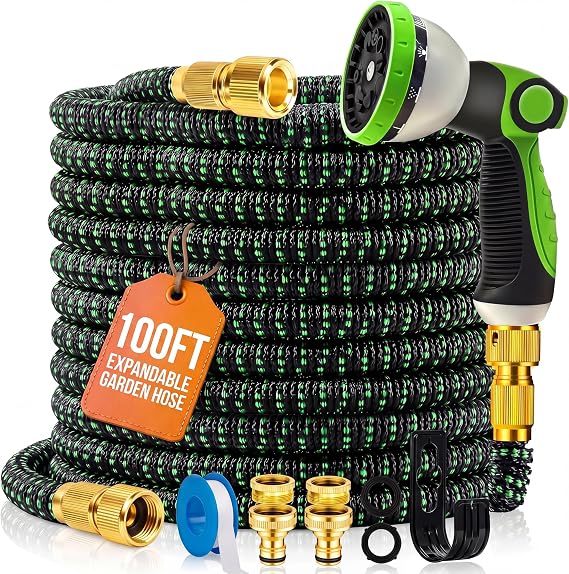 MOSII 100FT Expandable Garden Hose Pipe, Flexible Heavy Duty Water Hose Pipe Extendable with 10-Pattern Spray Nozzle, Brass Fittings, Hosepipes for Garden Car Washing (Green, 100FT/30M)