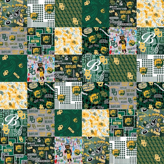 Official Licensed Baylor University Cheater Quilt Printed Cotton Fabric-Baylor Bears Cotton Fabric with Patchwork Cheater Quilt Print-60 Width