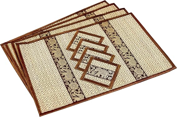Cccollections Hand-Woven Table Placemats & Coasters Set for Everyday Dining | Thai Style Wicker Placemats Alternative to Plastic Heat Resistant - 4 Pcs